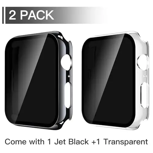 Misxi 2 Pack Privacy PC HD Case for Apple Watch SE 3 (2025) SE 2 SE Series 6 Series 5 Series 4 44mm, Ultra-Thin Cover with Anti-Spy Tempered Glass Screen Protector for iWatch, 1 Jet Black + 1 Transparent - MISXI (1)