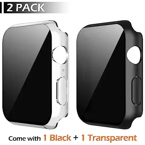 Misxi 2 Pack Privacy PC HD Case with Button for Apple Watch Series 9 (2023) Series 8 Series 7 41mm, Shockproof Cover with Anti-Spy Tempered Glass Screen Protector for iWatch, 1 Black + 1 Transparent - MISXI (1)