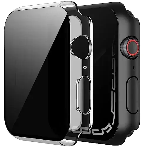 Misxi 2 Pack Privacy PC HD Case with Button for Apple Watch Series 9 (2023) Series 8 Series 7 41mm, Shockproof Cover with Anti-Spy Tempered Glass Screen Protector for iWatch, 1 Black + 1 Transparent - 1