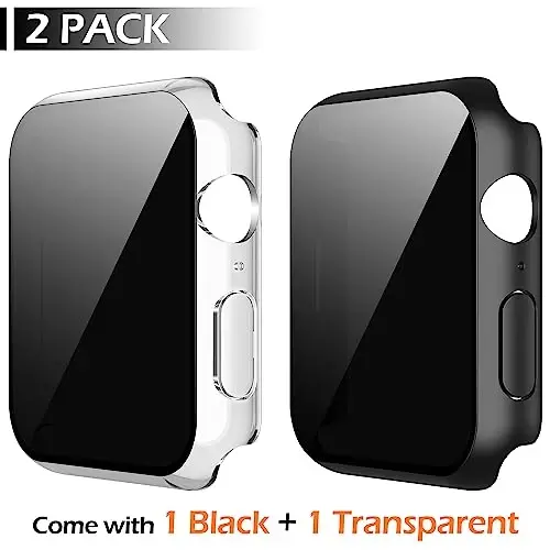 Misxi 2 Pack Privacy PC HD Case with Button for Apple Watch Series 9 (2023) Series 8 Series 7 41mm, Shockproof Cover with Anti-Spy Tempered Glass Screen Protector for iWatch, 1 Black + 1 Transparent - 2