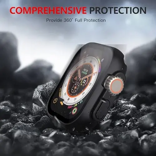 Misxi 2 Pack PC Case Built-in Tempered Glass Screen Protector Compatible with 49mm Apple Watch Ultra 2 (2024) / Ultra, Shockproof Protective Cover with Button for iWatch, 1 Black + 1 Transparent - 3