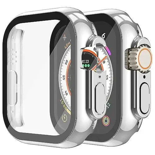 Misxi 2 Pack Hard PC Case with Tempered Glass Screen Protector Compatible with 49mm Apple Watch Ultra 2 / Ultra, Scratch Resistant Lightweight Full Coverage Cover for iWatch, 1 Silver + 1 Transparent 