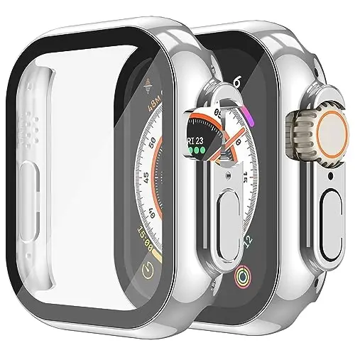 Misxi 2 Pack Hard PC Case with Tempered Glass Screen Protector Compatible with 49mm Apple Watch Ultra 2 / Ultra, Scratch Resistant Lightweight Full Coverage Cover for iWatch, 1 Silver + 1 Transparent - 1