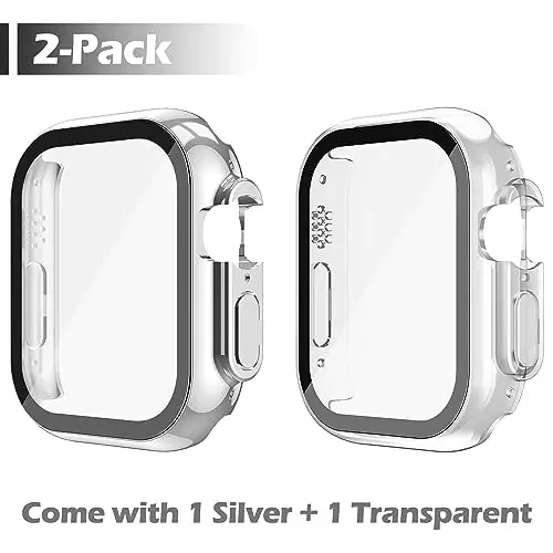 Misxi 2 Pack Hard PC Case with Tempered Glass Screen Protector Compatible with 49mm Apple Watch Ultra 2 / Ultra, Scratch Resistant Lightweight Full Coverage Cover for iWatch, 1 Silver + 1 Transparent - 2