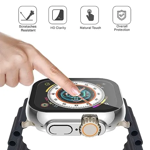 Misxi 2 Pack Hard PC Case with Tempered Glass Screen Protector Compatible with 49mm Apple Watch Ultra 2 / Ultra, Scratch Resistant Lightweight Full Coverage Cover for iWatch, 1 Silver + 1 Transparent - 3