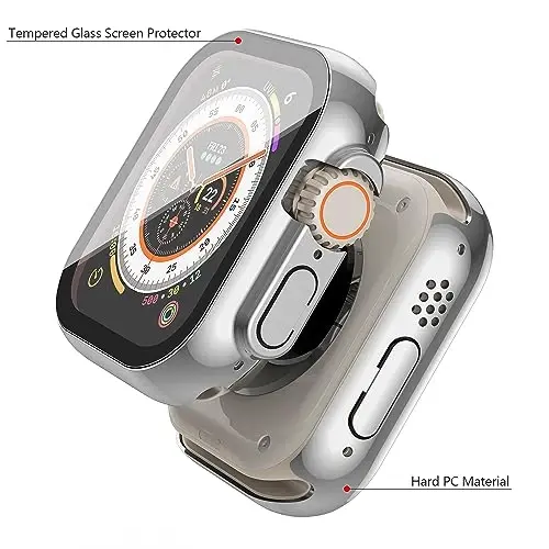 Misxi 2 Pack Hard PC Case with Tempered Glass Screen Protector Compatible with 49mm Apple Watch Ultra 2 / Ultra, Scratch Resistant Lightweight Full Coverage Cover for iWatch, 1 Silver + 1 Transparent - 4