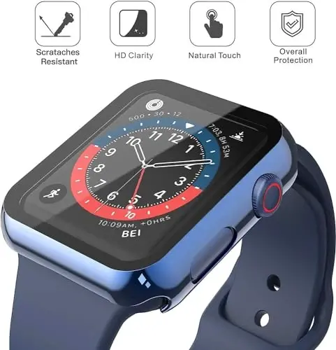 Misxi 2 Pack Hard PC Case with Tempered Glass Screen Protector Compatible with Apple Watch SE 3 (2025) SE 2 SE Series 6 Series 5 Series 4 40mm, 1 Blue + 1 Transparent - 3