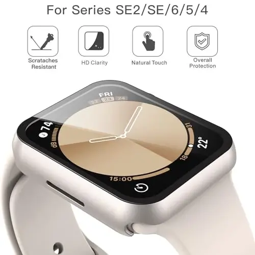 Misxi 2 Pack Hard PC Case with Tempered Glass Screen Protector Compatible with Apple Watch SE 3 (2025) SE 2 SE Series 6 Series 5 Series 4 40mm, Anti-Drop Lightweight Cover for iWatch, 1 Starlight + 1 Transparent - 3