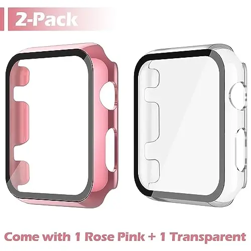 Misxi 2 Pack Hard PC Case with Tempered Glass Screen Protector Compatible with Apple Watch Series 2 Series 3 42mm, Anti-Drop Scratch Resistant Lightweight Cover for iWatch, 1 Rose Pink + 1 Transparent - 2