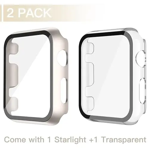 Misxi 2 Pack Hard PC Case with Tempered Glass Screen Protector Compatible with Apple Watch Series 3 Series 2 38mm, Anti-Drop Scratch Resistant Lightweight Cover for iWatch, 1 Starlight + 1 Transparent - MISXI (1)