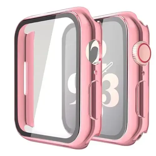 Misxi 2 Pack Hard PC Case with Tempered Glass Screen Protector Compatible with Apple Watch Series 9 (2023) Series 8 Series 7 41mm, Ultra-Thin Cover for iWatch S9/S8/S7, 1 Rose Pink + 1 Transparent 