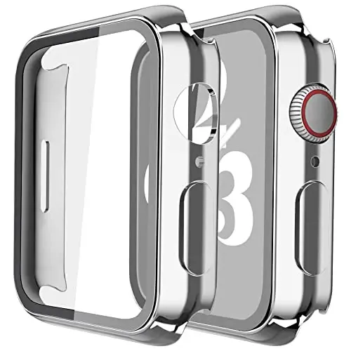 Misxi 2 Pack Hard PC Case with Tempered Glass Screen Protector Compatible with Apple Watch Series 9 (2023) Series 8 Series 7 41mm, Ultra-Thin Cover for iWatch S9/S8/S7, 1 Silver + 1 Transparent - MISXI