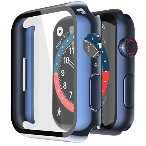Misxi 2 Pack Hard PC Case with Tempered Glass Screen Protector Compatible with Apple Watch Series 9 (2023) Series 8 Series 7 41mm, Ultra-Thin Cover for iWatch S9/S8/S7, 1 Blue + 1 Transparent - MISXI