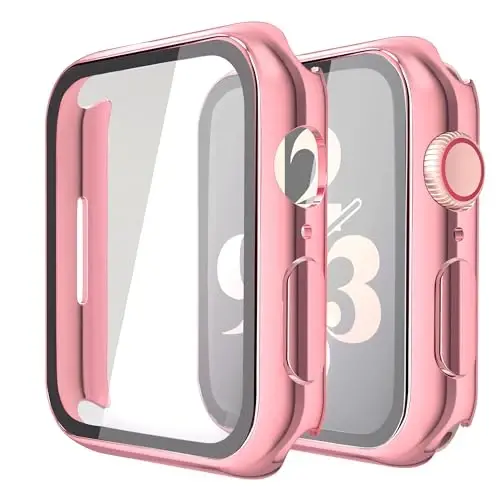 Misxi 2 Pack Hard PC Case with Tempered Glass Screen Protector Compatible with Apple Watch Series 9 (2023) Series 8 Series 7 45mm, Ultra-ThinCover for iWatch S9/S8/S7, 1 Rose Pink + 1 Transparent - 1