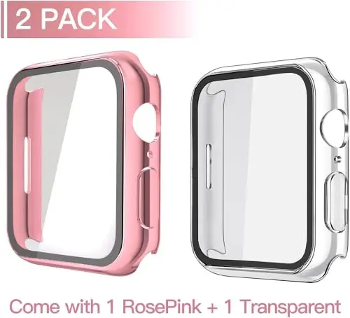 Misxi 2 Pack Hard PC Case with Tempered Glass Screen Protector Compatible with Apple Watch Series 9 (2023) Series 8 Series 7 45mm, Ultra-ThinCover for iWatch S9/S8/S7, 1 Rose Pink + 1 Transparent - MISXI (1)
