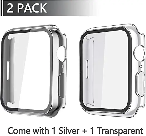Misxi 2 Pack Hard PC Case with Tempered Glass Screen Protector Compatible with Apple Watch Series 9 (2023) Series 8 Series 7 45mm, Ultra-Thin Cover for iWatch S9/S8/S7, 1 Silver + 1 Transparent - 2