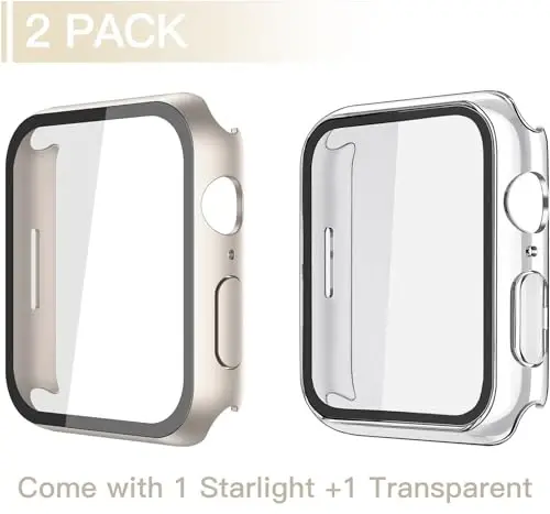 Misxi 2 Pack Hard PC Case with Tempered Glass Screen Protector Compatible with Apple Watch Series 9 Series 8 Series 7 41mm, Anti-Drop Lightweight Cover for iWatch, 1 Starlight + 1 Transparent - MISXI (1)