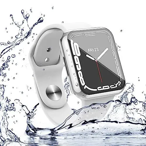 Misxi [2 Pack Waterproof Anti-Scratch Case with Button for Apple Watch Series 9 (2023) Series 8 Series 7 45mm, Hard PC Cover with Tempered Glass Screen Protector for iWatch, 1 Silver + 1 Transparent - 6