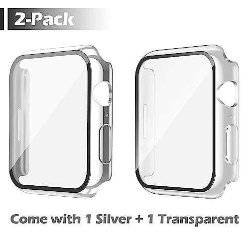 Misxi [2 Pack Waterproof Anti-Scratch Case with Button for Apple Watch Series 9 (2023) Series 8 Series 7 45mm, Hard PC Cover with Tempered Glass Screen Protector for iWatch, 1 Silver + 1 Transparent - Misxi (1)