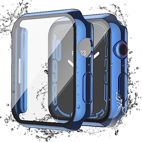 Misxi [2 Pack Waterproof Anti-Scratch Case with Button for Apple Watch Series 9 (2023) Series 8 Series 7 45mm, Hard PC Cover with Tempered Glass Screen Protector for iWatch, 1 Blue + 1 Transparent 
