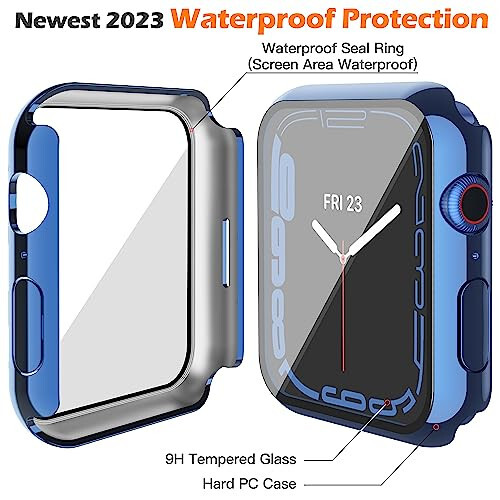 Misxi [2 Pack Waterproof Anti-Scratch Case with Button for Apple Watch Series 9 (2023) Series 8 Series 7 45mm, Hard PC Cover with Tempered Glass Screen Protector for iWatch, 1 Blue + 1 Transparent - 5