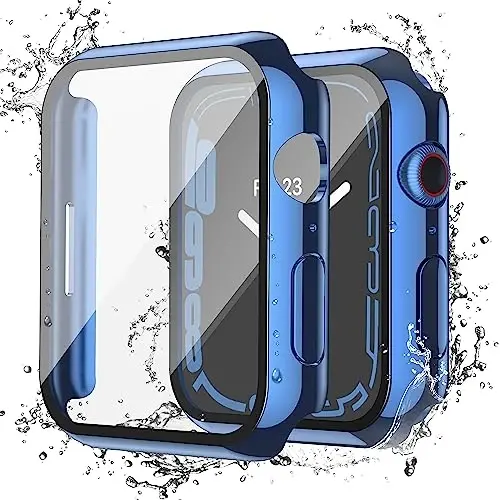 Misxi [2 Pack Waterproof Anti-Scratch Case with Button for Apple Watch Series 9 (2023) Series 8 Series 7 45mm, Hard PC Cover with Tempered Glass Screen Protector for iWatch, 1 Blue + 1 Transparent 