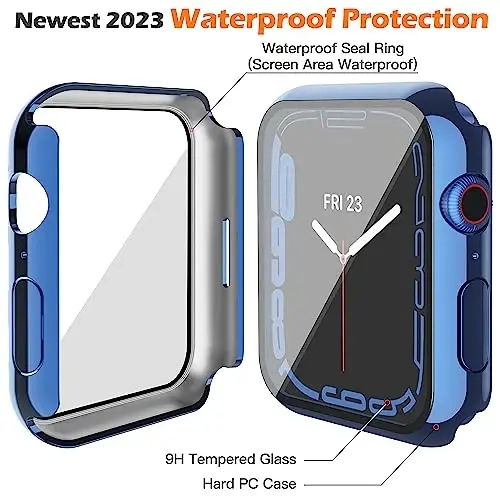 Misxi [2 Pack Waterproof Anti-Scratch Case with Button for Apple Watch Series 9 (2023) Series 8 Series 7 45mm, Hard PC Cover with Tempered Glass Screen Protector for iWatch, 1 Blue + 1 Transparent - 5