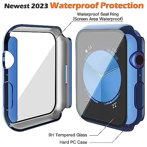 Misxi [2 Pack] Waterproof Case with Button for Apple Watch SE 3 (2025) SE 2 SE Series 6 Series 5 Series 4 44mm, PC Cover with Tempered Glass Screen Protector for iWatch, 1 Blue + 1 Transparent - 3