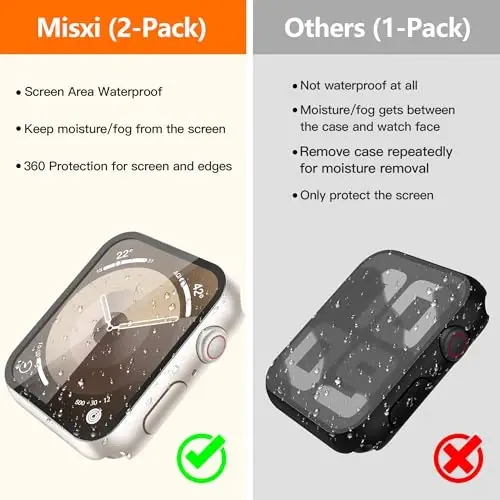 Misxi [2 Pack Waterproof Anti-Scratch Case with Button for Apple Watch Series 9 Series 8 Series 7 45mm, Hard PC Cover with Tempered Glass Screen Protector for iWatch, 1 Starlight + 1 Transparent - MISXI (1)