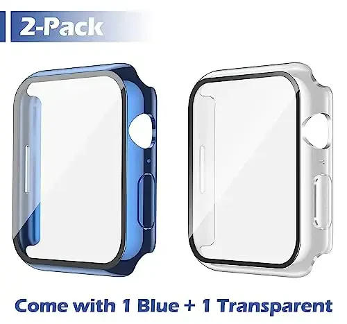 Misxi [2 Pack Waterproof Anti-Scratch Case with Button for Apple Watch Series 9 (2023) Series 8 Series 7 41mm, Hard PC Cover with Tempered Glass Screen Protector for iWatch, 1 Blue + 1 Transparent - MISXI (1)