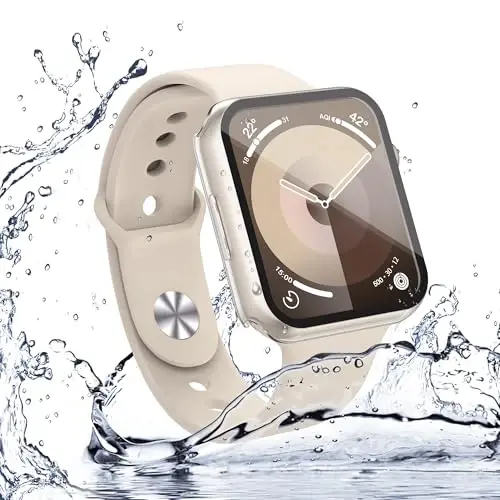 Misxi [2 Pack Waterproof Anti-Scratch Case with Button for Apple Watch Series 9 Series 8 Series 7 41mm, Hard PC Cover with Tempered Glass Screen Protector for iWatch, 1 Starlight + 1 Transparent - 5