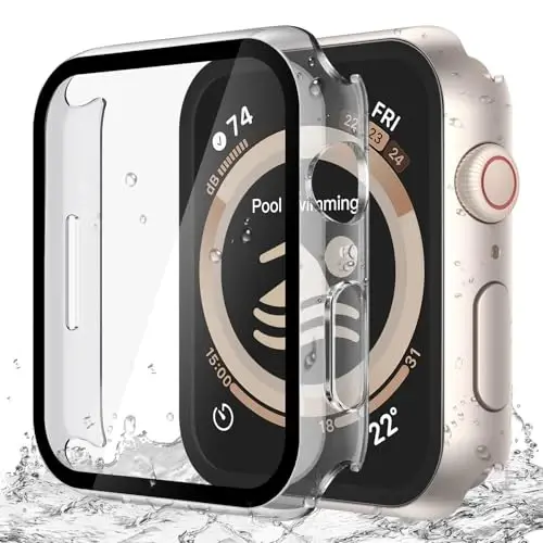 Misxi [2 Pack Waterproof Anti-Scratch Case with Button for Apple Watch Series 9 Series 8 Series 7 41mm, Hard PC Cover with Tempered Glass Screen Protector for iWatch, 1 Starlight + 1 Transparent - 1