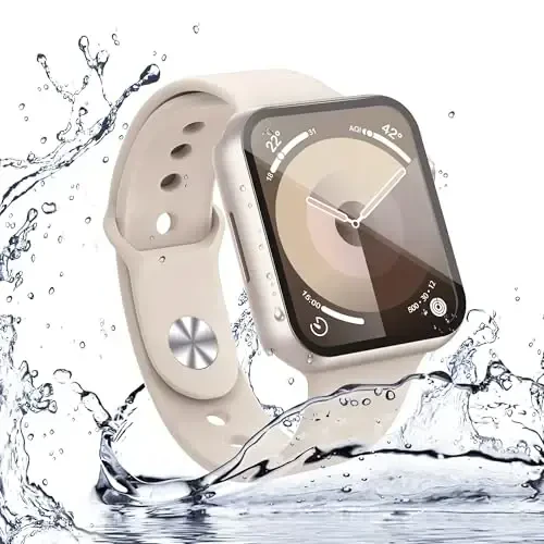 Misxi [2 Pack Waterproof Anti-Scratch Case with Button for Apple Watch Series 9 Series 8 Series 7 45mm, Hard PC Cover with Tempered Glass Screen Protector for iWatch, Starlight - 5