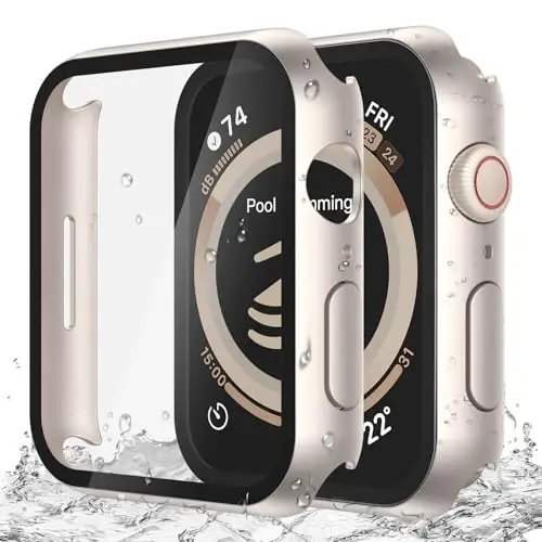 Misxi [2 Pack Waterproof Anti-Scratch Case with Button for Apple Watch Series 9 Series 8 Series 7 45mm, Hard PC Cover with Tempered Glass Screen Protector for iWatch, Starlight - 1
