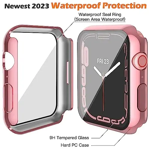 Misxi [2 Pack Waterproof Case with Button for Apple Watch Series 9 (2023) Series 8 Series 7 45mm, Hard PC Cover with Tempered Glass Screen Protector for iWatch, 1 Rose Pink + 1 Transparent - 1