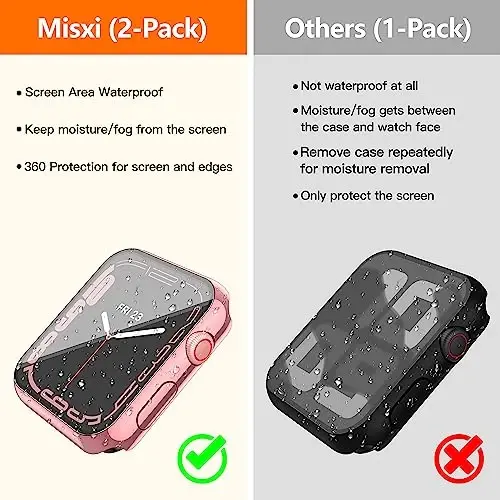 Misxi [2 Pack Waterproof Case with Button for Apple Watch Series 9 (2023) Series 8 Series 7 45mm, Hard PC Cover with Tempered Glass Screen Protector for iWatch, 1 Rose Pink + 1 Transparent - 4