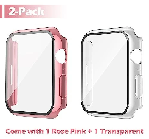 Misxi [2 Pack Waterproof Case with Button for Apple Watch Series 9 (2023) Series 8 Series 7 45mm, Hard PC Cover with Tempered Glass Screen Protector for iWatch, 1 Rose Pink + 1 Transparent - 2