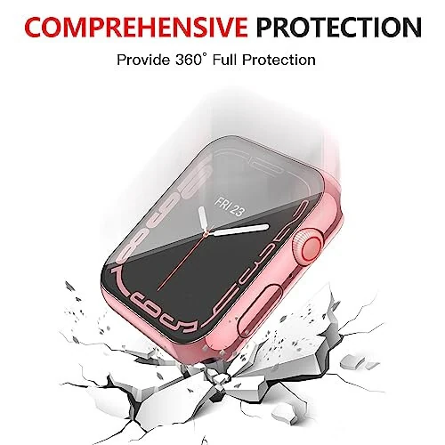 Misxi [2 Pack Waterproof Case with Button for Apple Watch Series 9 (2023) Series 8 Series 7 45mm, Hard PC Cover with Tempered Glass Screen Protector for iWatch, 1 Rose Pink + 1 Transparent - 7
