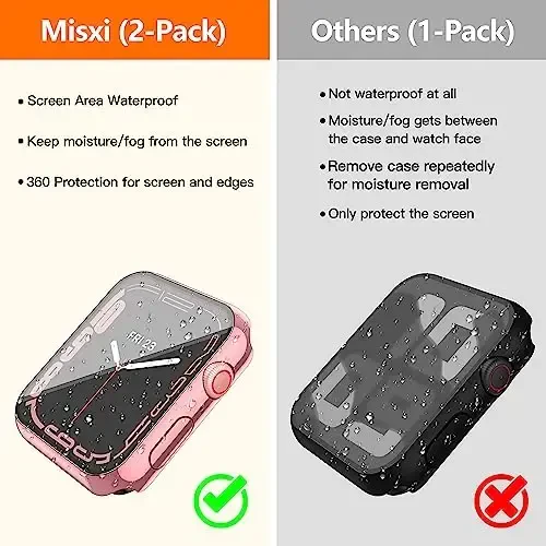 Misxi [2 Pack Waterproof Case with Button for Apple Watch Series 9 (2023) Series 8 Series 7 41mm, Hard PC Cover with Tempered Glass Screen Protector for iWatch, 1 Rose Pink + 1 Transparent - 3