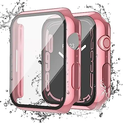 Misxi [2 Pack Waterproof Case with Button for Apple Watch Series 9 (2023) Series 8 Series 7 41mm, Hard PC Cover with Tempered Glass Screen Protector for iWatch, 1 Rose Pink + 1 Transparent - 1