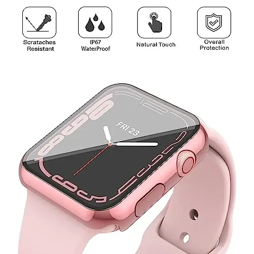 Misxi [2 Pack Waterproof Case with Button for Apple Watch Series 9 (2023) Series 8 Series 7 41mm, Hard PC Cover with Tempered Glass Screen Protector for iWatch, 1 Rose Pink + 1 Transparent - 4