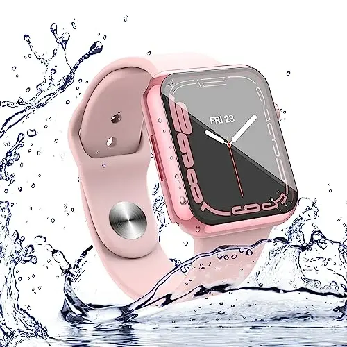 Misxi [2 Pack Waterproof Case with Button for Apple Watch Series 9 (2023) Series 8 Series 7 41mm, Hard PC Cover with Tempered Glass Screen Protector for iWatch, 1 Rose Pink + 1 Transparent 