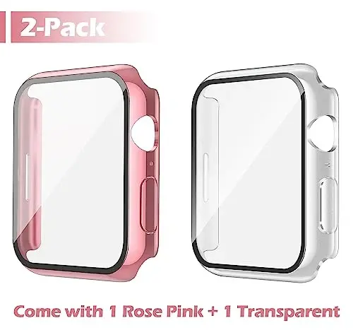 Misxi [2 Pack Waterproof Case with Button for Apple Watch Series 9 (2023) Series 8 Series 7 41mm, Hard PC Cover with Tempered Glass Screen Protector for iWatch, 1 Rose Pink + 1 Transparent - MISXI (1)