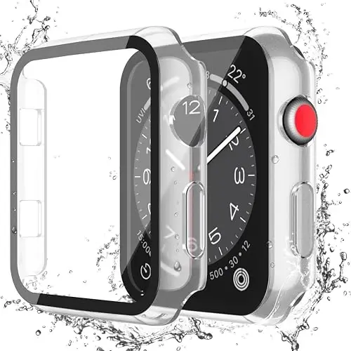 Misxi [2 Pack Waterproof Case with Button Designed for Apple Watch Series 3 Series 2 42mm, Anti-Fall Hard PC Cover with Tempered Glass Screen Protector for iWatch S3/S2, Matte Transparent - 1