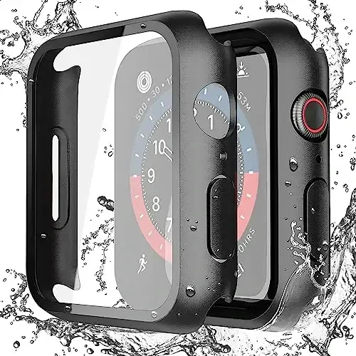 Misxi 2-Pack Waterproof Hard Case with Tempered Glass Compatible with Apple Watch SE 3 SE 2 SE Series 6 Series 5 Series 4 40mm, Ultra-Thin Protective Cover for iWatch Screen Protector, Matte Black 