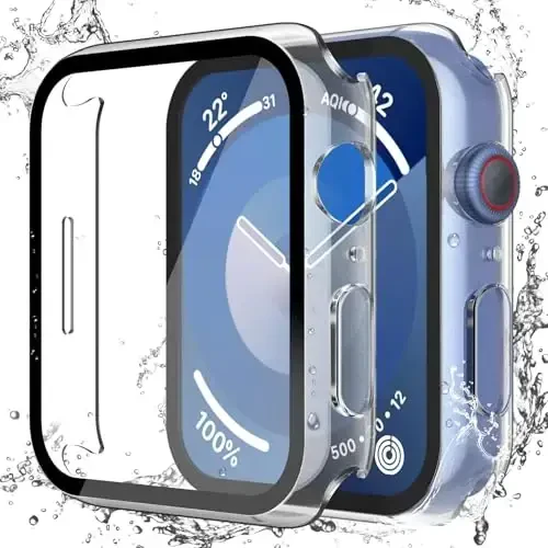 Misxi [2 Pack Waterproof Hard Case with Tempered Glass Compatible with Apple Watch Series 9 (2023) Series 8 Series 7 45mm, Ultra-Thin Tough Cover for iWatch Screen Protector, Matte Transparent 