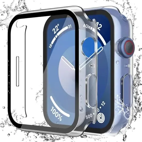 Misxi [2 Pack Waterproof Hard Case with Tempered Glass Compatible with Apple Watch Series 9 (2023) Series 8 Series 7 45mm, Ultra-Thin Tough Cover for iWatch Screen Protector, Matte Transparent - MISXI