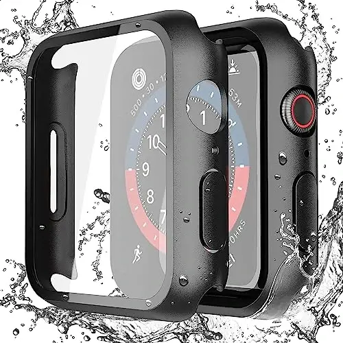 Misxi 2-Pack Waterproof Hard Case with Tempered Glass Compatible with Apple Watch SE 3 SE 2 SE Series 6 Series 5 Series 4 44mm, Ultra-Thin Protective Cover for iWatch Screen Protector, Matte Black - 1