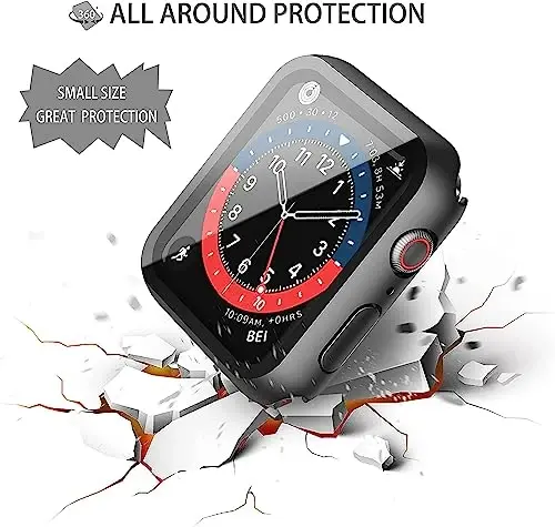 Misxi 2-Pack Waterproof Hard Case with Tempered Glass Compatible with Apple Watch SE 3 SE 2 SE Series 6 Series 5 Series 4 44mm, Ultra-Thin Protective Cover for iWatch Screen Protector, Matte Black - 4