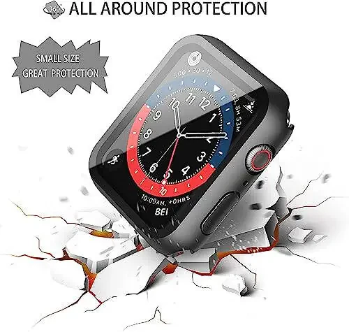Misxi 2-Pack Waterproof Hard Case with Tempered Glass Compatible with Apple Watch SE 3 SE 2 SE Series 6 Series 5 Series 4 44mm, Ultra-Thin Protective Cover for iWatch Screen Protector, Matte Black - 4